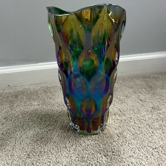 Large Green Optic Iridescent Glass Vase - Picture 3 of 7